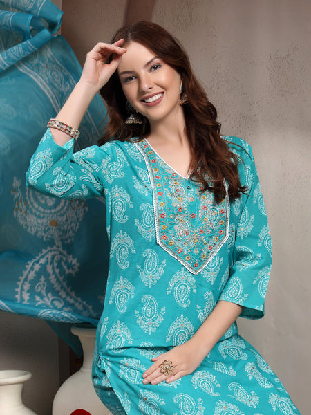 Women Turquoise Blue Pure Cotton Kurta Set