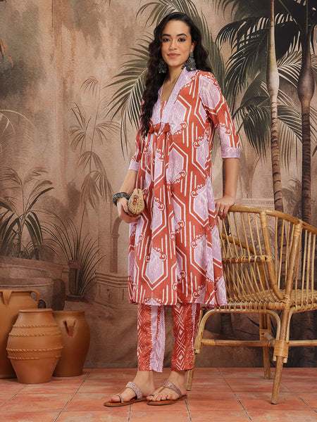 Women Mauve Abstract Printed Chinnon Kurta with Palazzos