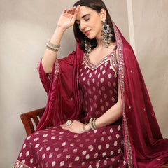 Women Burgundy  Woven Design & Embroidered Pure Cotton V-Neck Kurta & Trousers With Dupatta