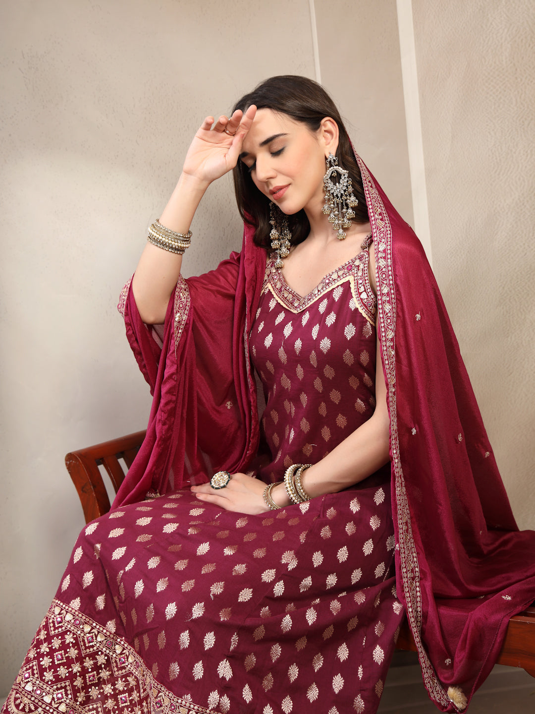 Women Burgundy  Woven Design & Embroidered Pure Cotton V-Neck Kurta & Trousers With Dupatta