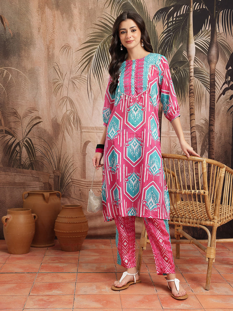 Women Pink Printed Kurta Palazzo Set