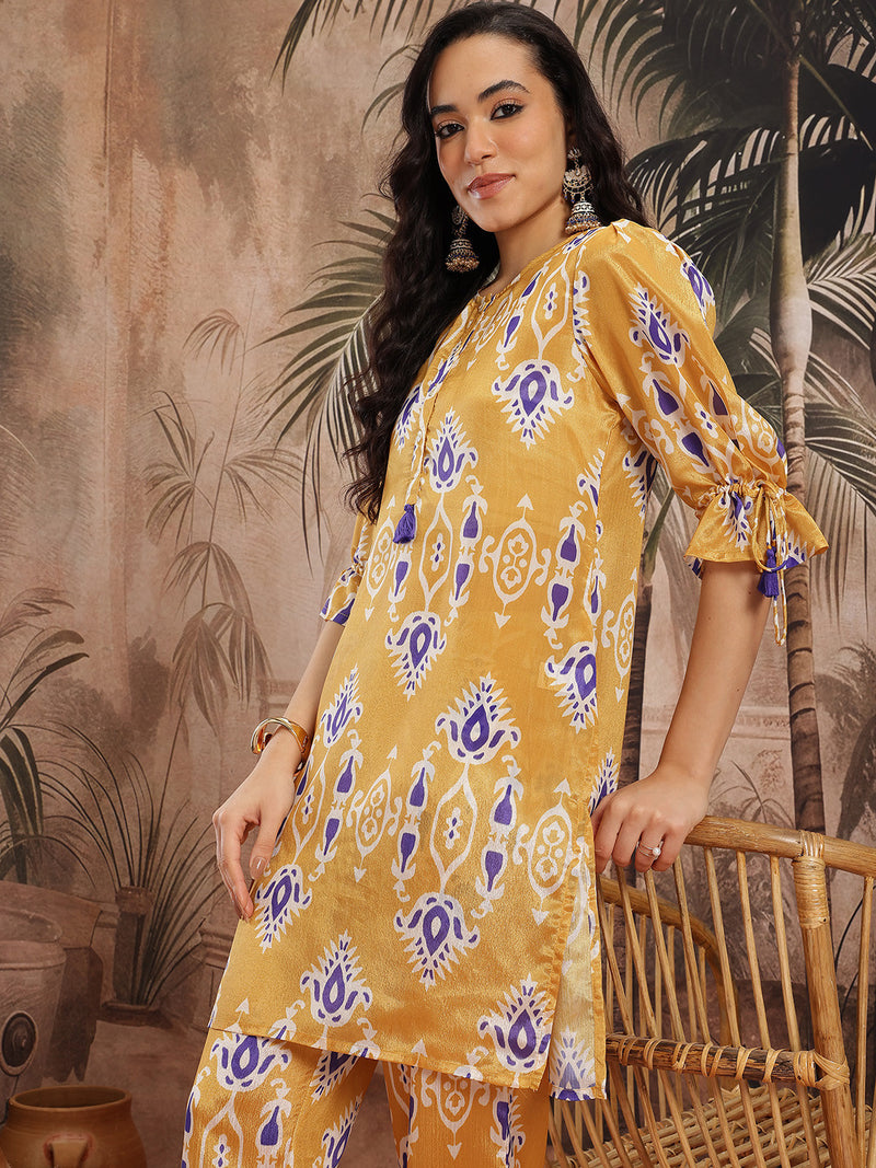 Women Yellow Printed Chinnon Kurta with Palazzos