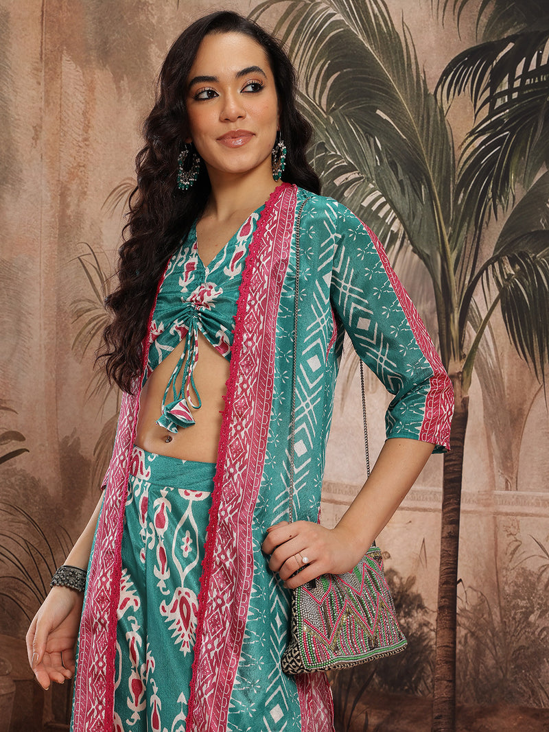 Women Green Printed Top Palazzo Set