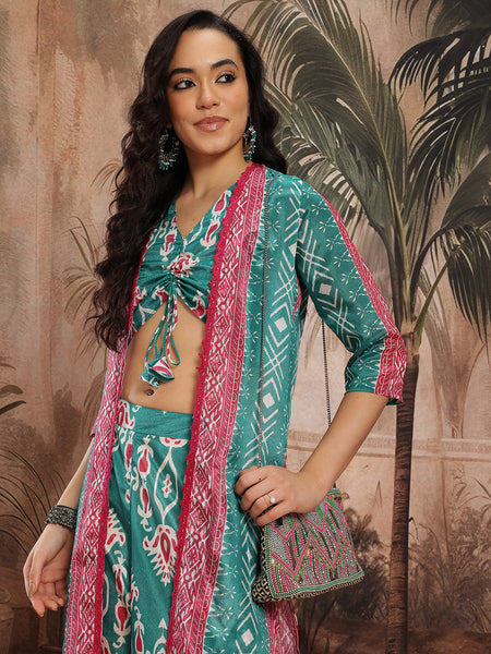 Women Green Printed Top Palazzo Set