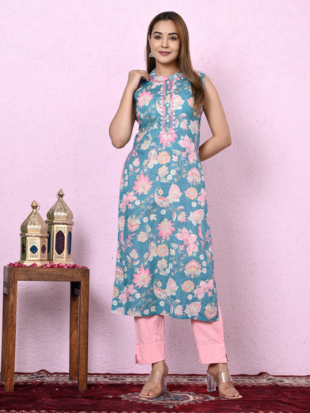 Women Blue Floral Printed Mandarin Collar Cotton Straight Kurta