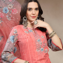 Women Peach Floral Printed Pure Cotton Round Neck Kurta & Trousers With Dupatta