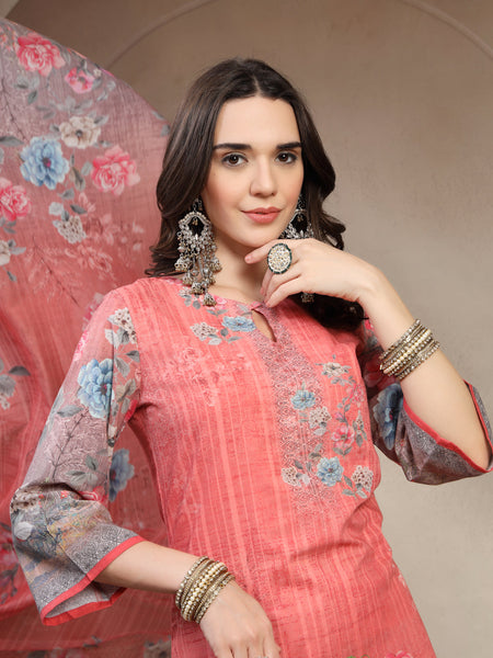 Women Peach Floral Printed Pure Cotton Round Neck Kurta & Trousers With Dupatta