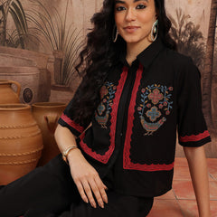 Midnight Elegance Embroidered Cotton Shirt Palazzo Set