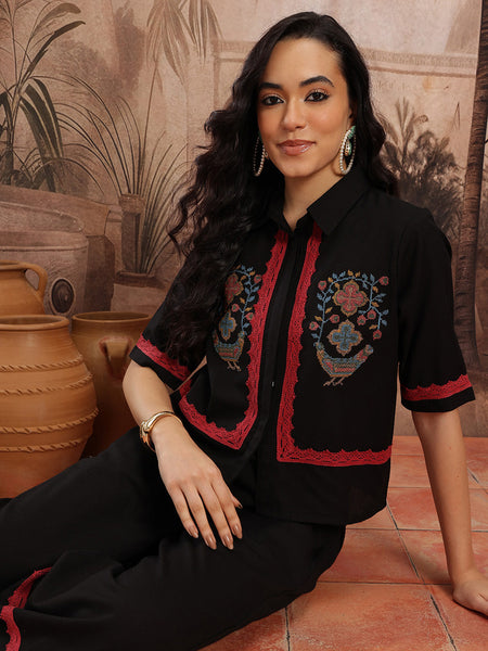 Midnight Elegance Embroidered Cotton Shirt Palazzo Set