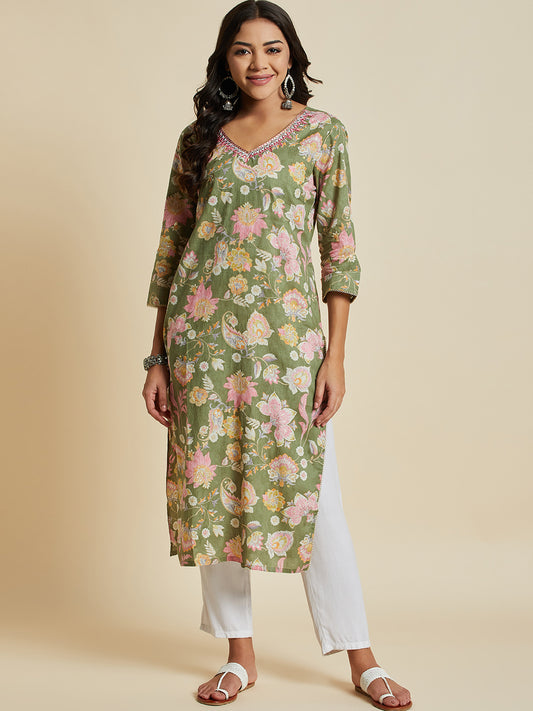 Women Green Color Printed & Embroidery  kurta