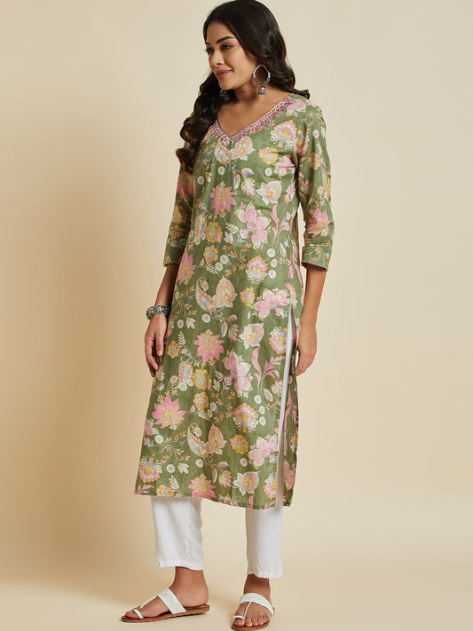 Women Green Color Printed & Embroidery  kurta