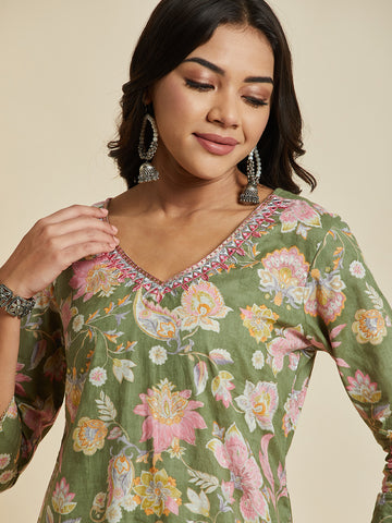 Women Green Color Printed & Embroidery  kurta