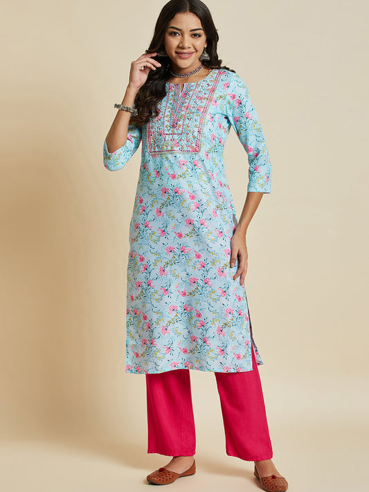 Women Blue Color Printed & Embroidery  kurta