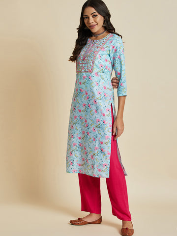 Women Trquouise Blue Color Printed & Embroidery  kurta
