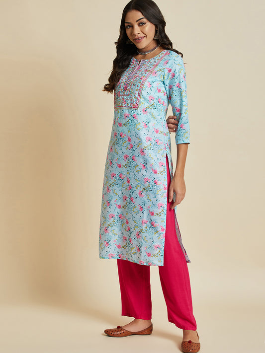 Women Blue Color Printed & Embroidery  kurta