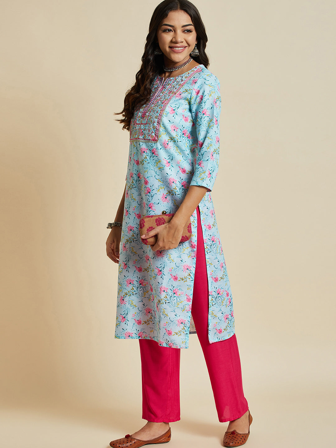 Women Trquouise Blue Color Printed & Embroidery  kurta