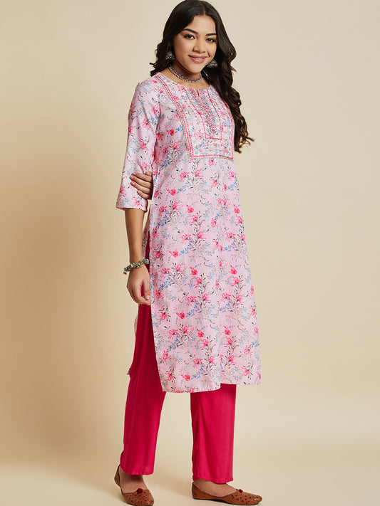 Women Peach Color Printed & Embroidery  kurta