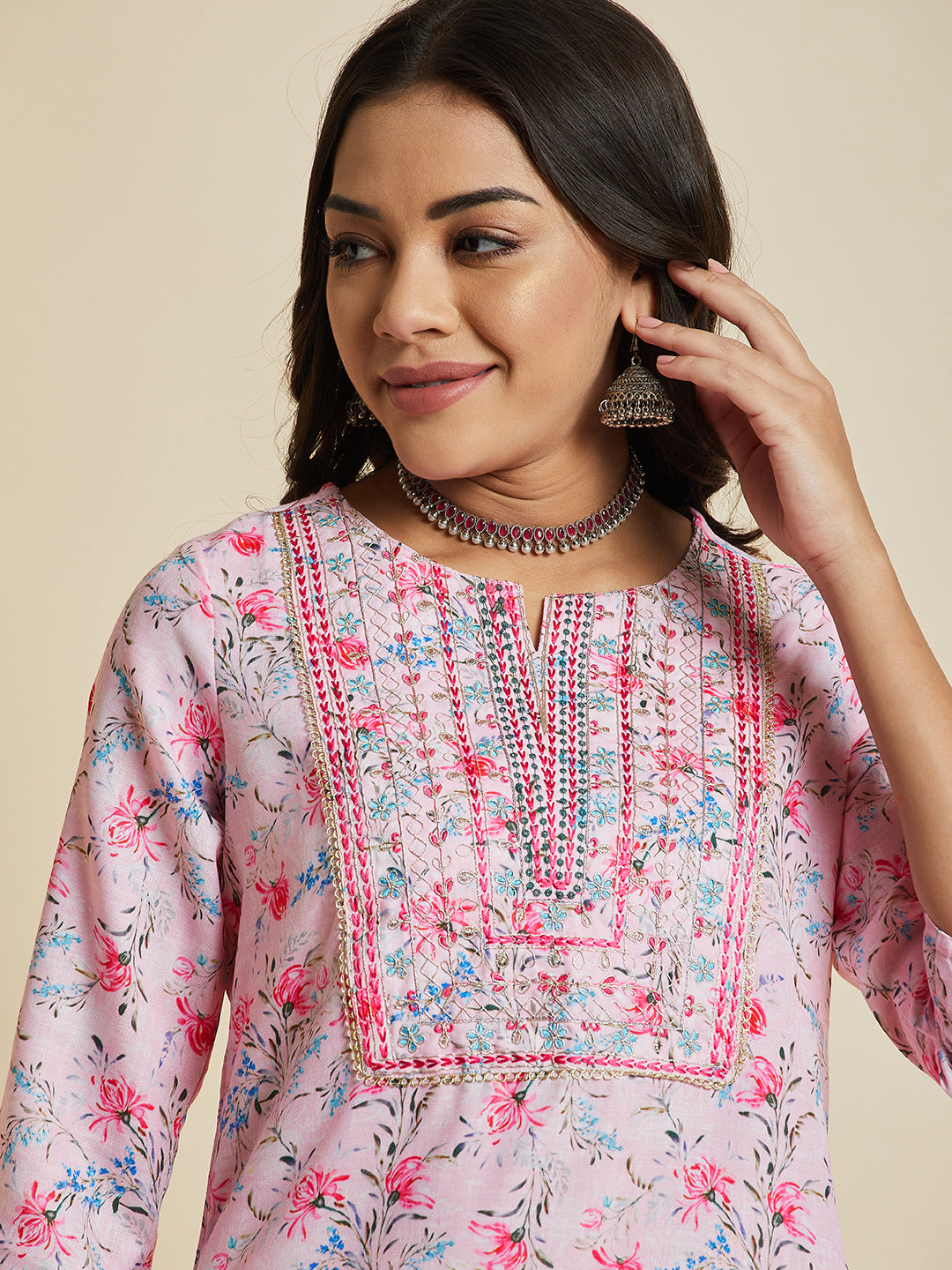 Women Pink Color Printed & Embroidery  kurta