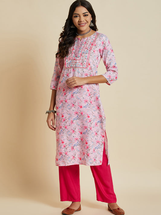 Women Pink Color Printed & Embroidery  kurta