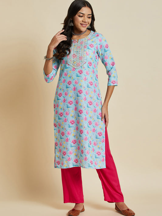 Women Trquouise Blue Color Printed & Embroidery  kurta