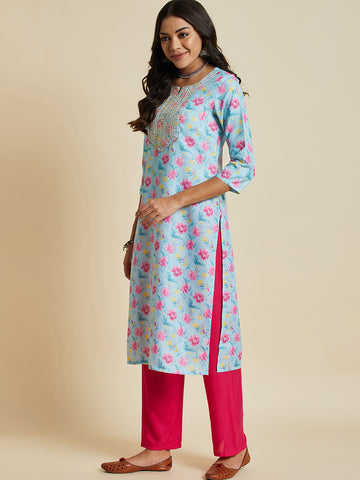 Women Trquouise Blue Color Printed & Embroidery  kurta