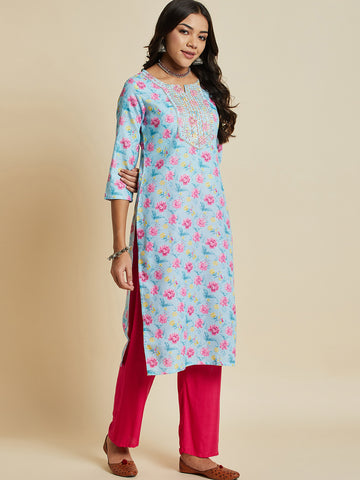 Women Trquouise Blue Color Printed & Embroidery  kurta