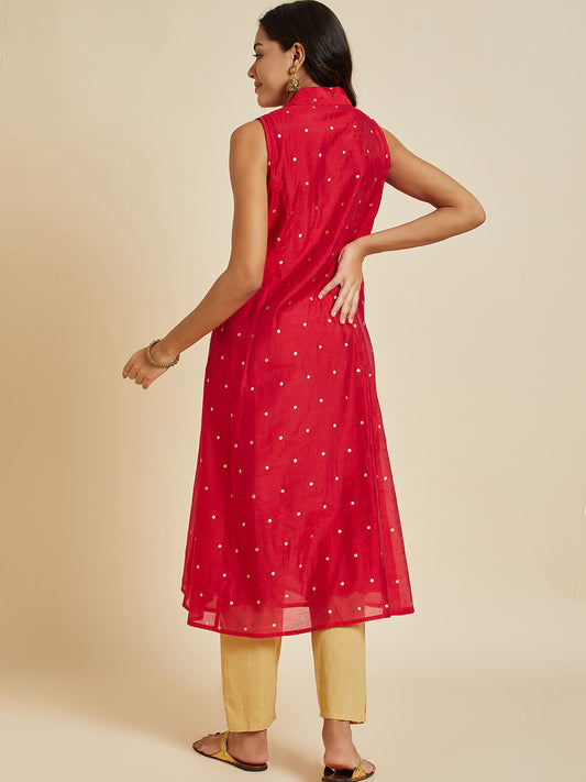 Women Red Color Printed A-line Cut Sleeve  kurta