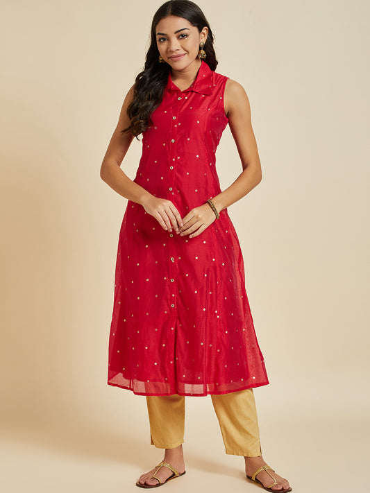 Women Red Color Printed A-line Cut Sleeve  kurta