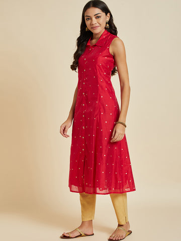 Women Red Color Printed A-line Cut Sleeve  kurta