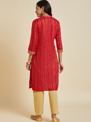 Women Red Color Printed & Embroidery  kurta