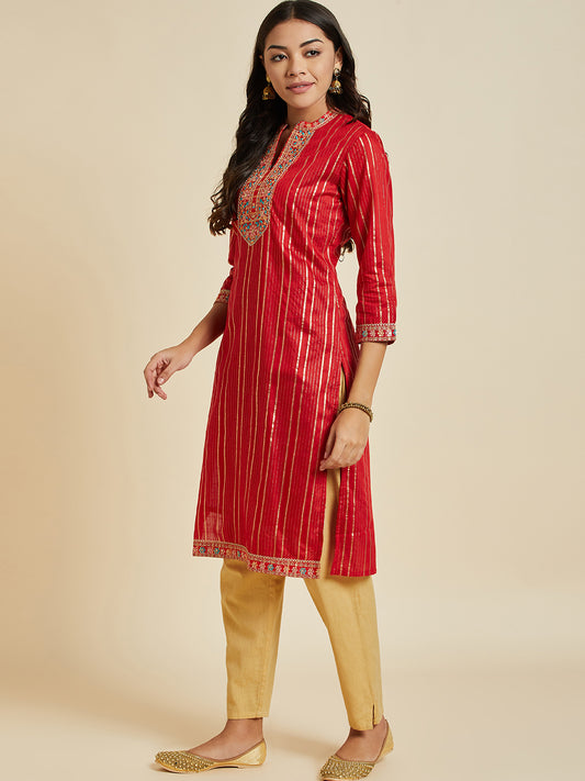 Women Red Color Printed & Embroidery  kurta