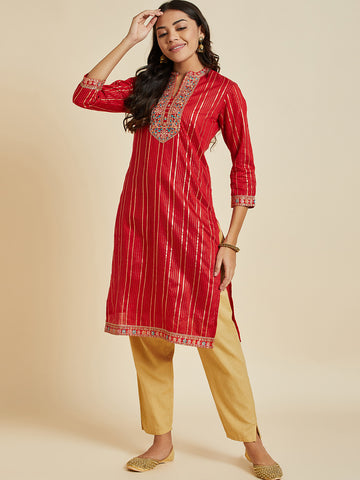 Women Red Color Printed & Embroidery  kurta