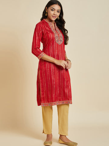 Women Red Color Printed & Embroidery  kurta