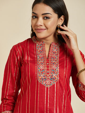 Women Red Color Printed & Embroidery  kurta