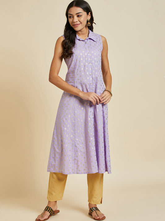 Women Levender Color Printed A-line Cut Sleeve  kurta