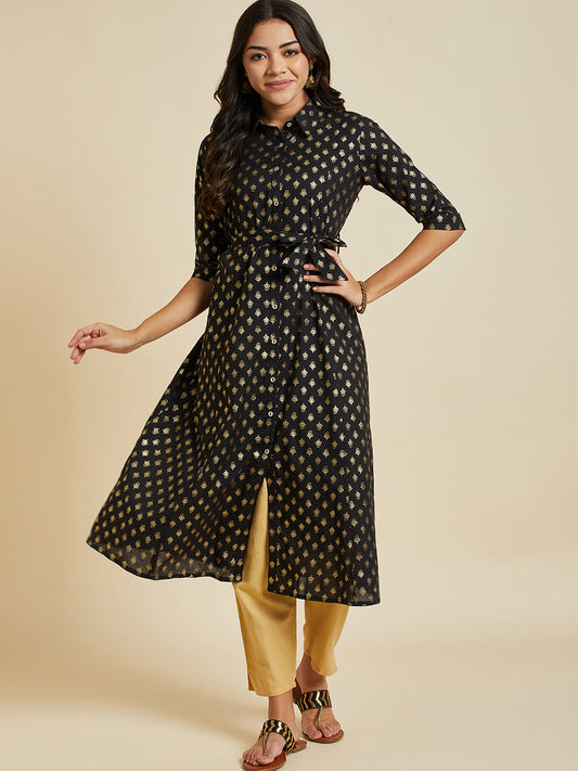 Women Black Color Printed A-line  kurta