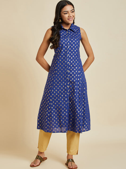 Women Blue Color Printed A-line Cut Sleeve  kurta