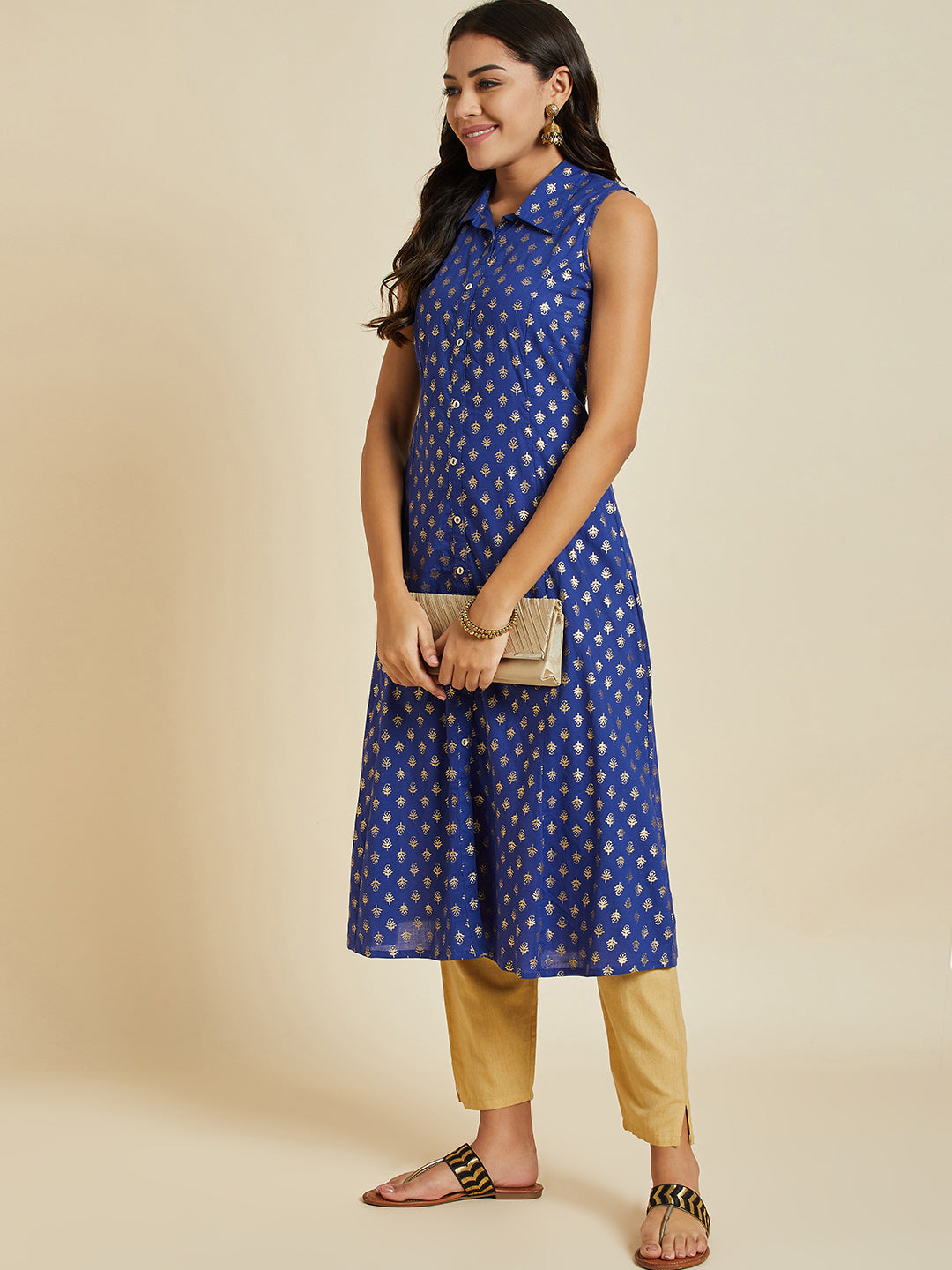 Women Blue Color Printed A-line Cut Sleeve  kurta