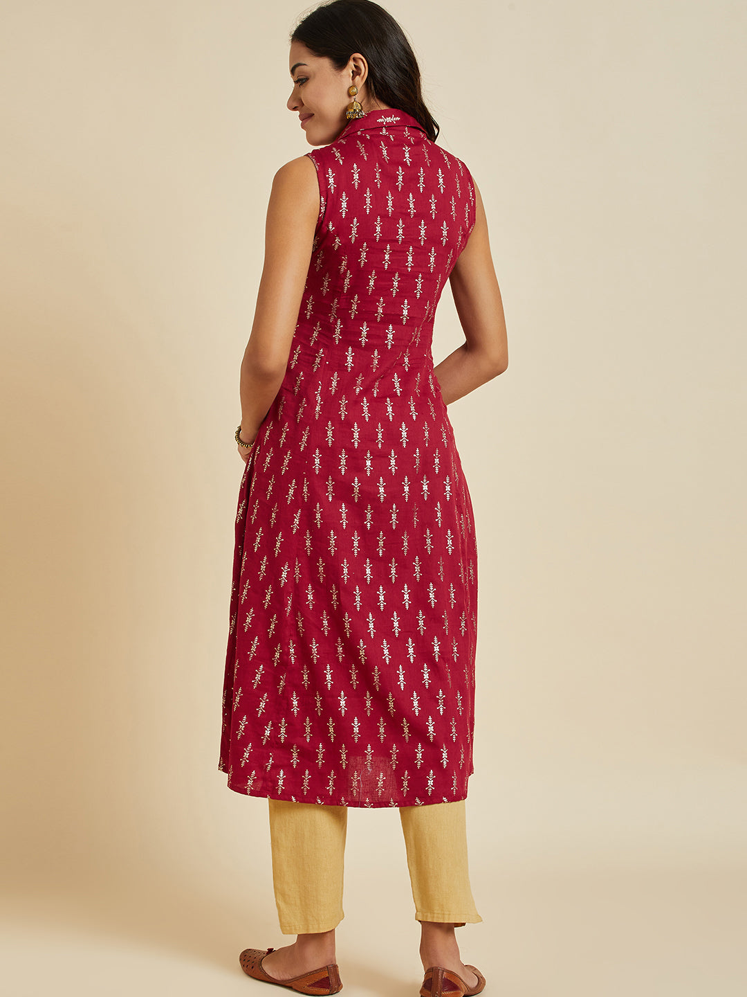 Women Maroon Color Printed A-line Cut Sleeve  kurta