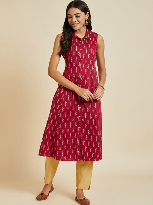 Women Maroon Color Printed A-line Cut Sleeve  kurta