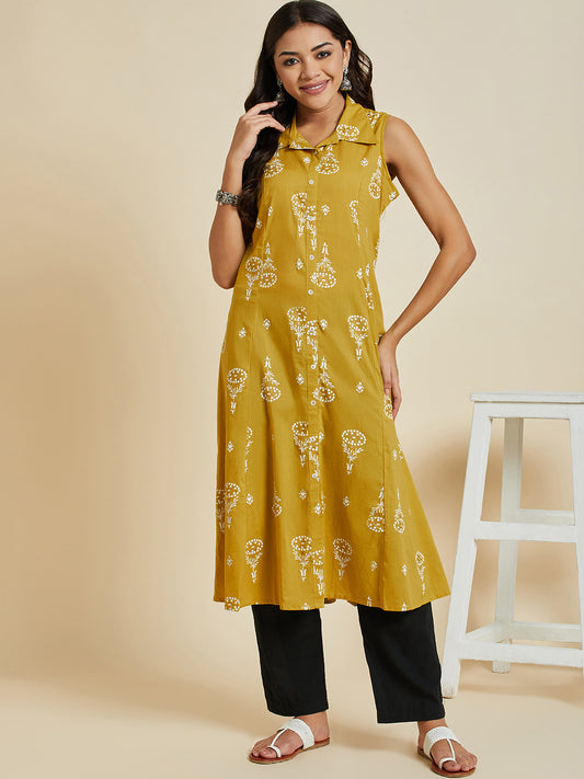 Women Musterd Color Printed A-line Cut Sleeve  kurta