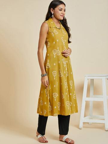 RAMA'S Women Mustard Color Printed A-line Sleeveless  kurta