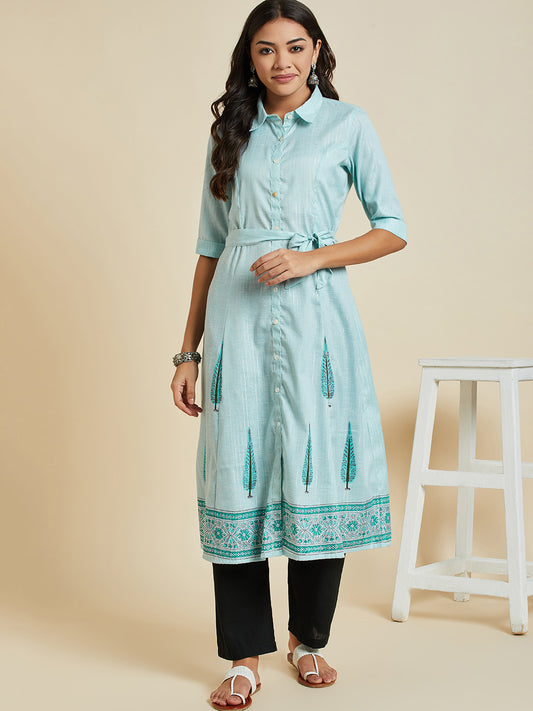 Women Trqouies Blue Color Printed A-line  kurta