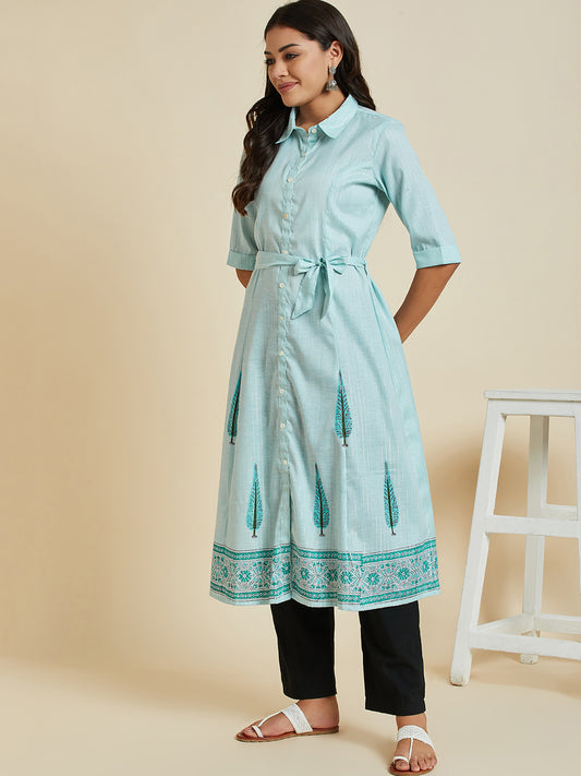 Women Trqouies Blue Color Printed A-line  kurta