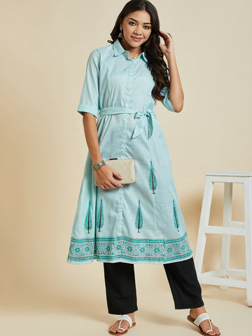 Women Trqouies Blue Color Printed A-line  kurta