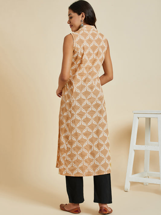 Women Beige Color Printed A-line Cut Sleeve  kurta