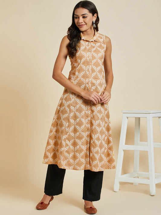 Women Beige Color Printed A-line Cut Sleeve  kurta