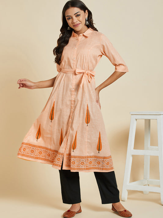 Women Orange Color Printed A-line  kurta