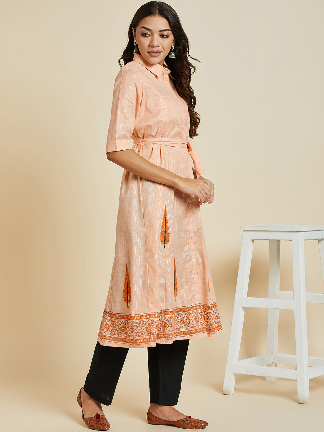 Women Orange Color Printed A-line  kurta