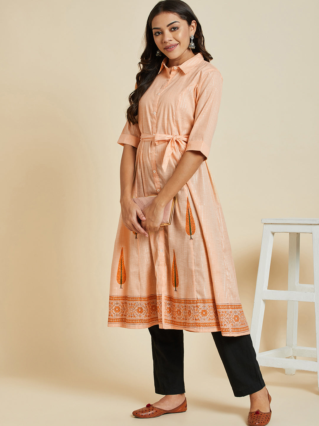 Women Orange Color Printed A-line  kurta